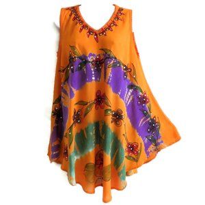 Vintage 70s Sunflower Tunic Dress Crochet Tye Die Sequin Floral Hippie OS